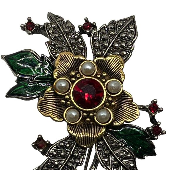 Vintage Avon Festive Floral Brooch Pin Faux Pearl Red Rhinestones - Picture 5 of 13